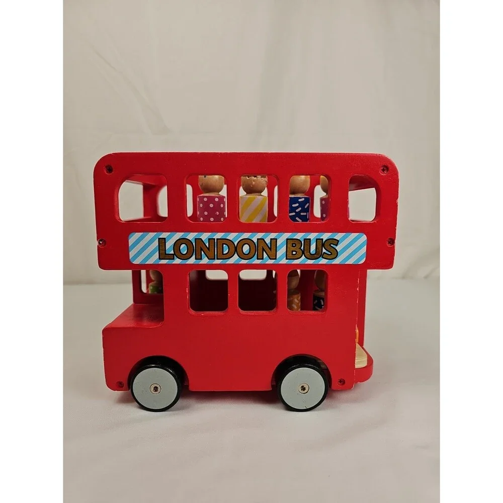 Wooden London Double Decker Bus Toy w 7 Peg People Red Pretend Play